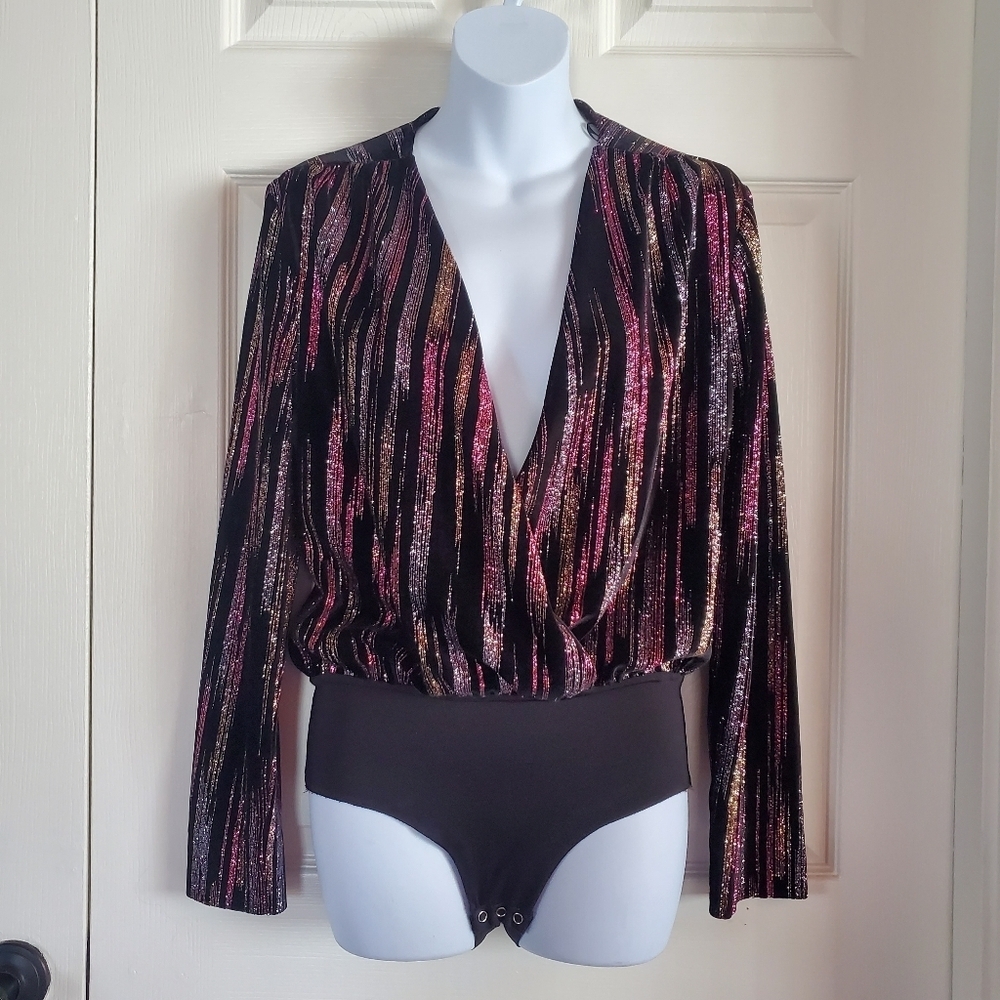 Zara Black Burgundy Sparkly Velvet Bodysuit Wrap Front V-neck Long Sleeves Small